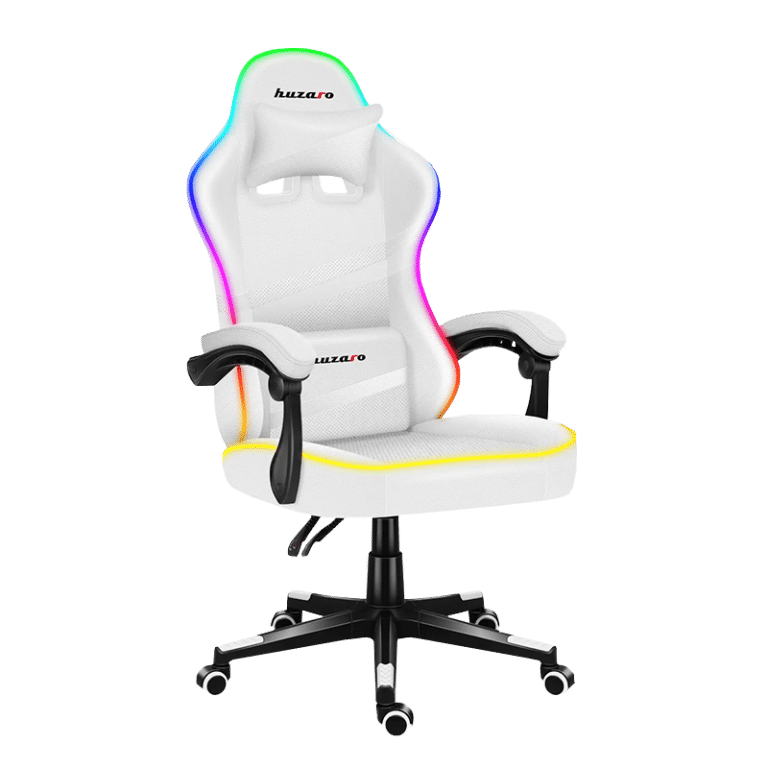 Huzaro Force 4.4 RGB White gaming stolica – hero fotografija pod uglom, istaknuta rasveta