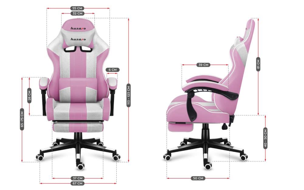 Crtež sa detaljnim dimenzijama Huzaro Force 4.7 pink gaming stolice (širina, visina, dubina sedalnog dela i naslona)