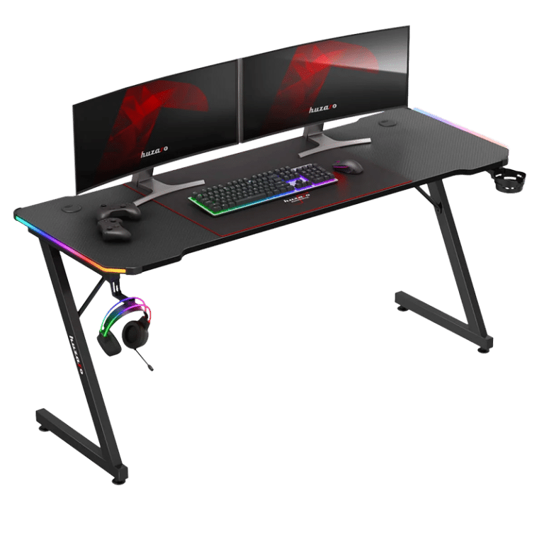 Huzaro Hero 4.8 RGB gejmerski sto – bočni pogled sa dva monitora, XXL podlogom i šarenim RGB ivicama
