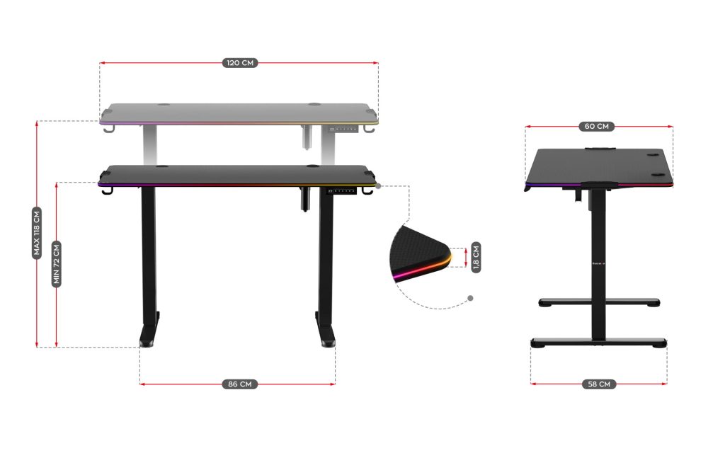 Huzaro Hero 8.2 RGB gejming sto – grafički prikazane dimenzije (120 × 60 cm) i raspon visine podešavanja od 72 do 118 cm