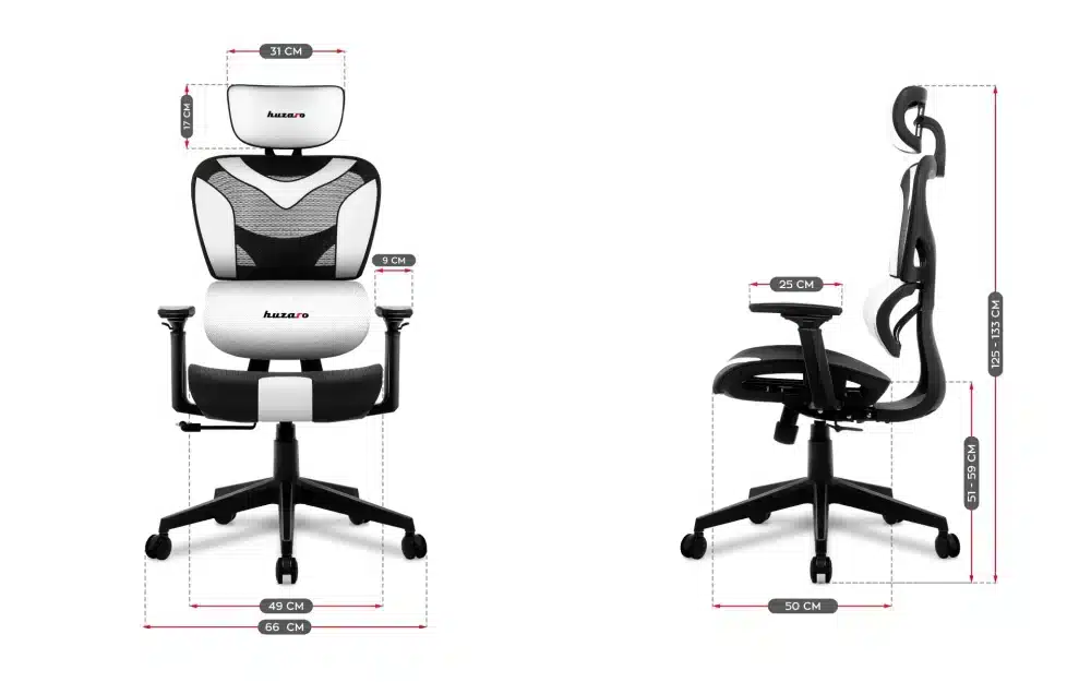 Grafički prikaz svih dimenzija ergonomske stolice Huzaro Combat 8.0 – prednji i bočni pogled