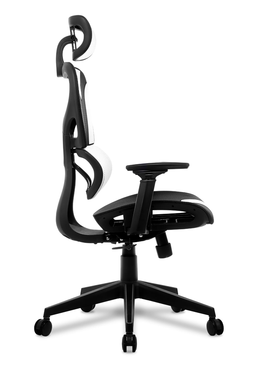 Huzaro Combat 8.0 bela stolica – bočni profil sa naslonom za glavu i lumbalnim osloncem