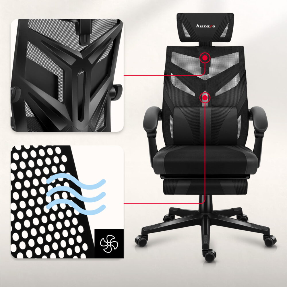 Detalji naslona stolice Huzaro Combat 5.0 crna – mrežasti materijal