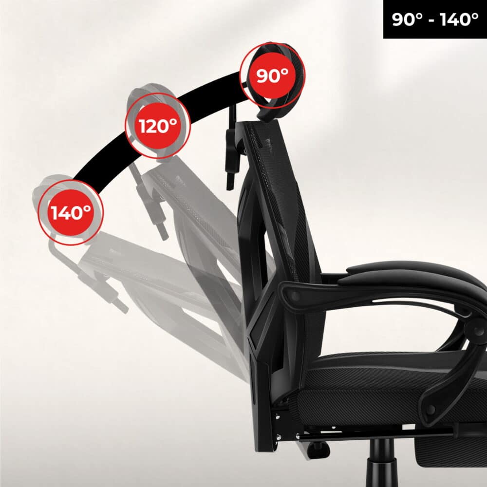 Prikaz nagiba naslona stolice Huzaro Combat 5.0 crna – 90°, 120°, 140°