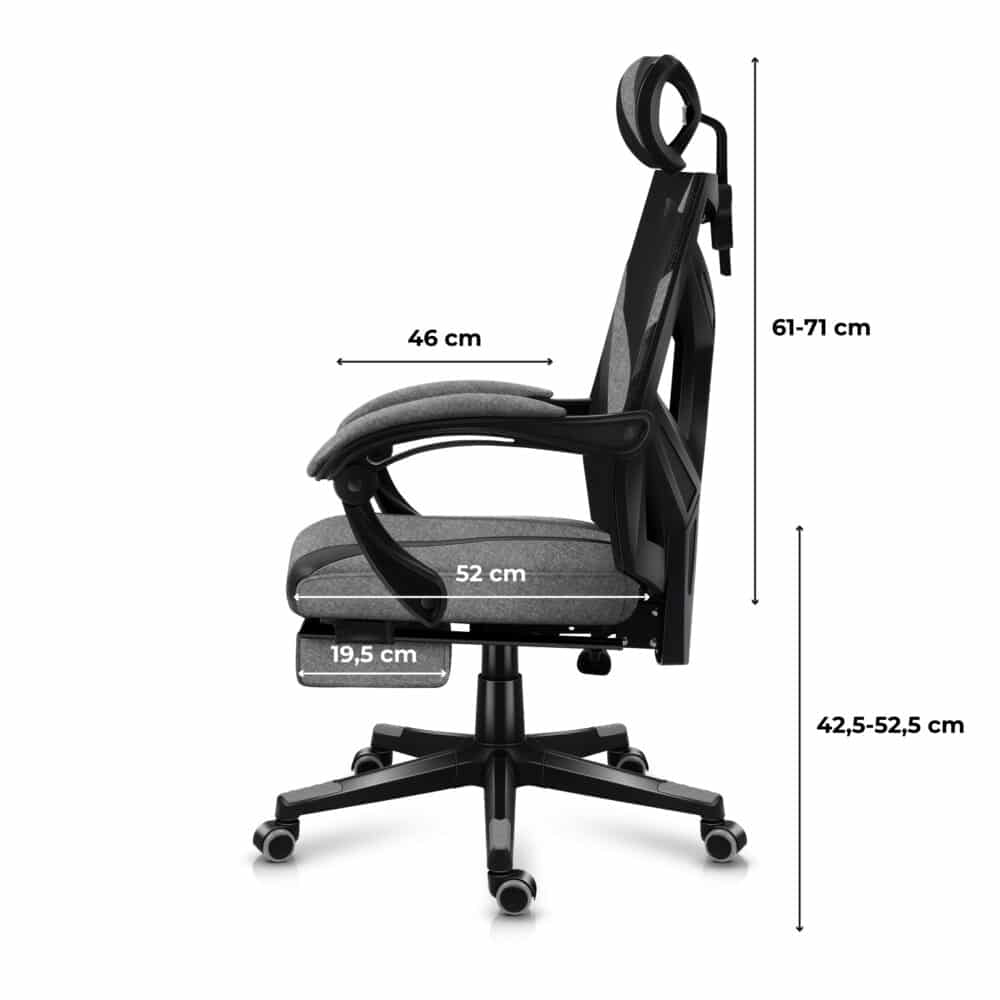 Dimenzije bočne strane sive gaming stolice Huzaro Combat 5.0