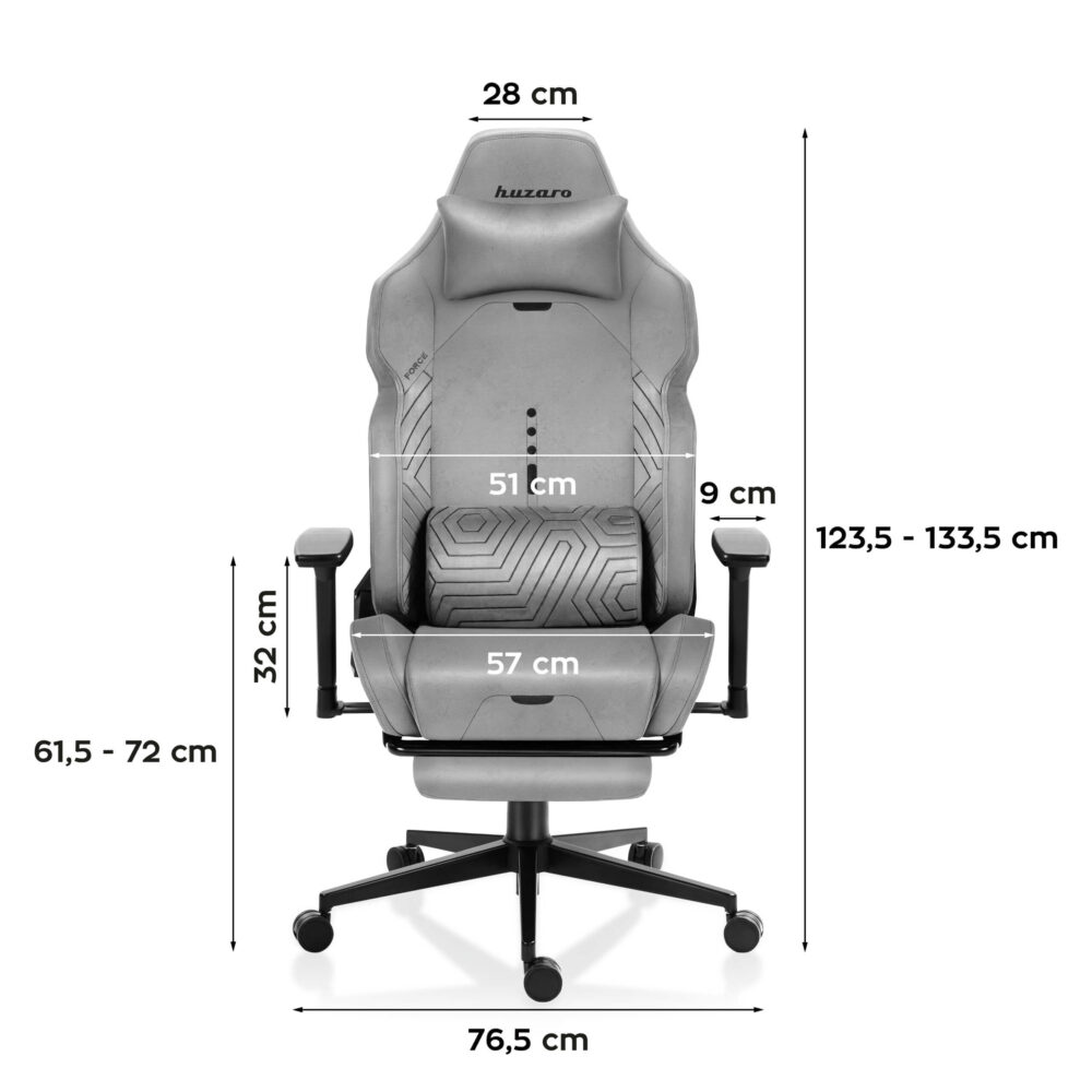 Prednji prikaz dimenzija stolice Huzaro Force 8.1 Grey sa označenim merama visine i širine.
