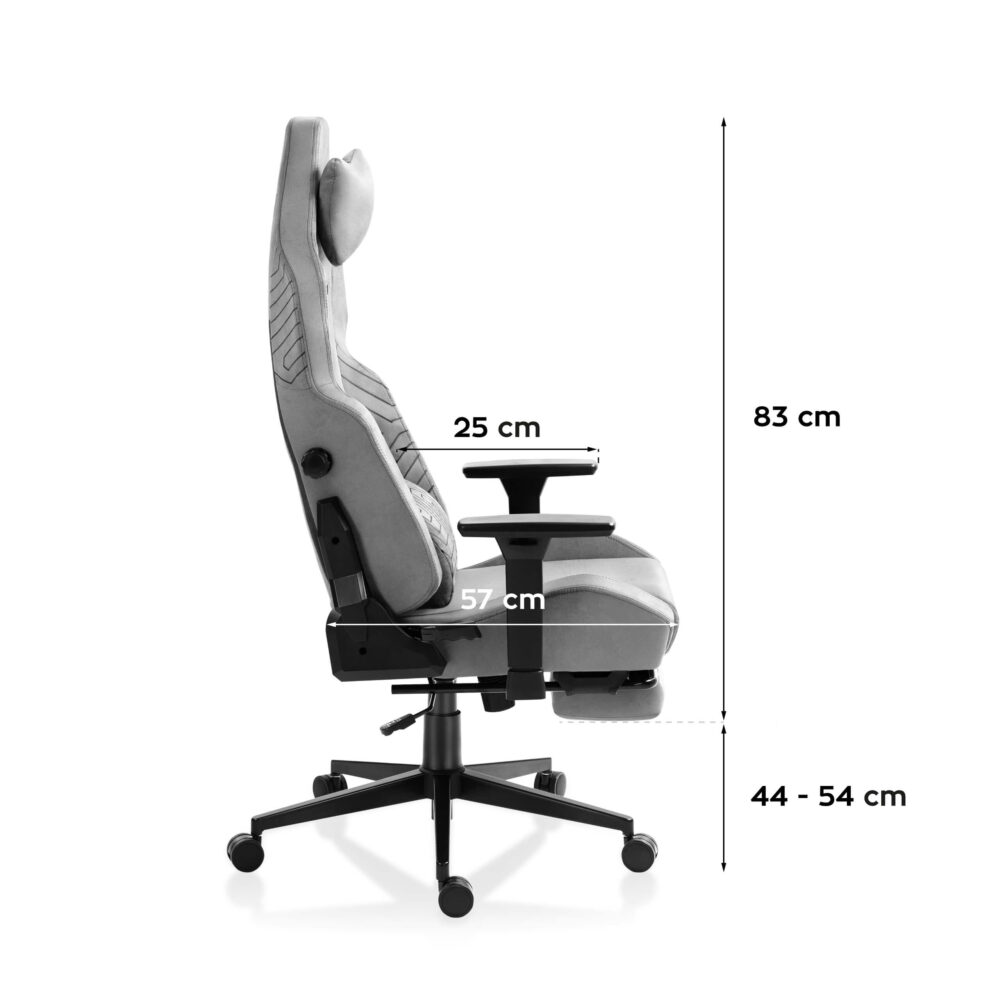 Bočni prikaz stolice Huzaro Force 8.1 Grey sa prikazom dimenzija sedišta i visine.