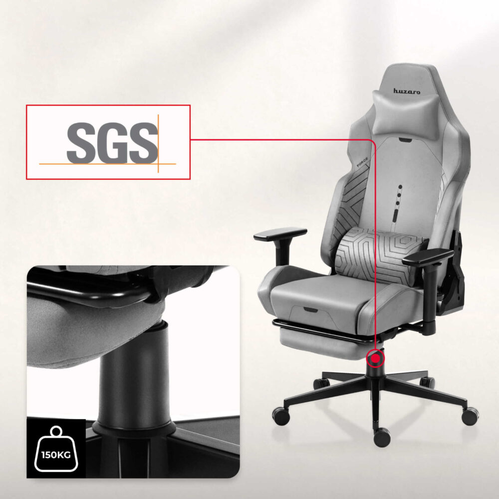 Gaming stolica Huzaro Force 8.1 Grey sa prikazom SGS klase gasa i nosivošću do 150kg.