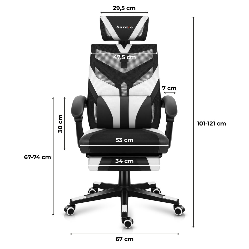 Gaming stolica Huzaro Combat 5.0 White – dimenzije, prednji pogled