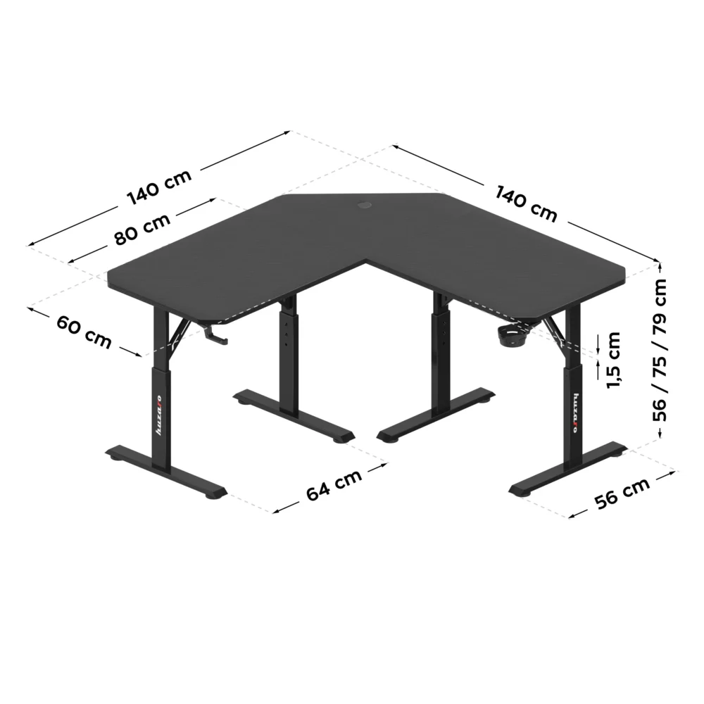 hero7.3 black front dimension Ugaoni gejmerski sto sa podesivom visinom Huzaro Hero 7.3 crni