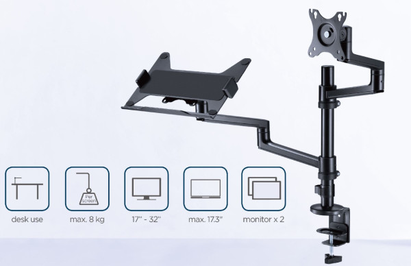 69042 MA-DA-04 Gembird Podesivi stoni drzac za monitor tilt, 17-32 max.8kg + nosac za laptop