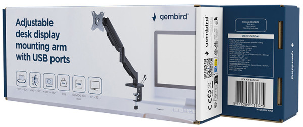 69632 MA-DA1U-01 Gembird Podesivi stoni drzac za monitor sa USB portom, tilt 17-32 max.9kg