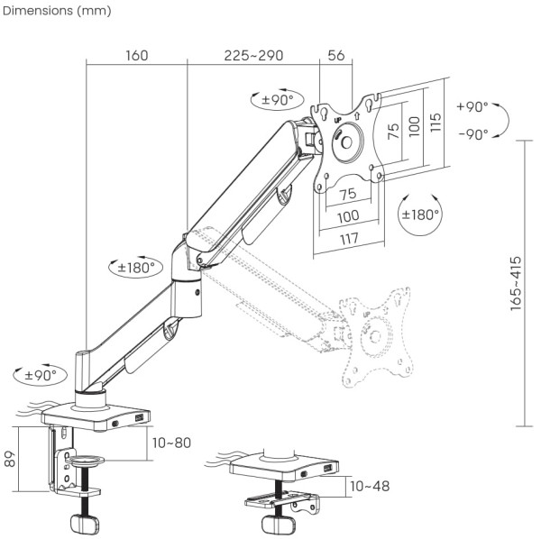 69633 MA-DA1U-01 Gembird Podesivi stoni drzac za monitor sa USB portom, tilt 17-32 max.9kg