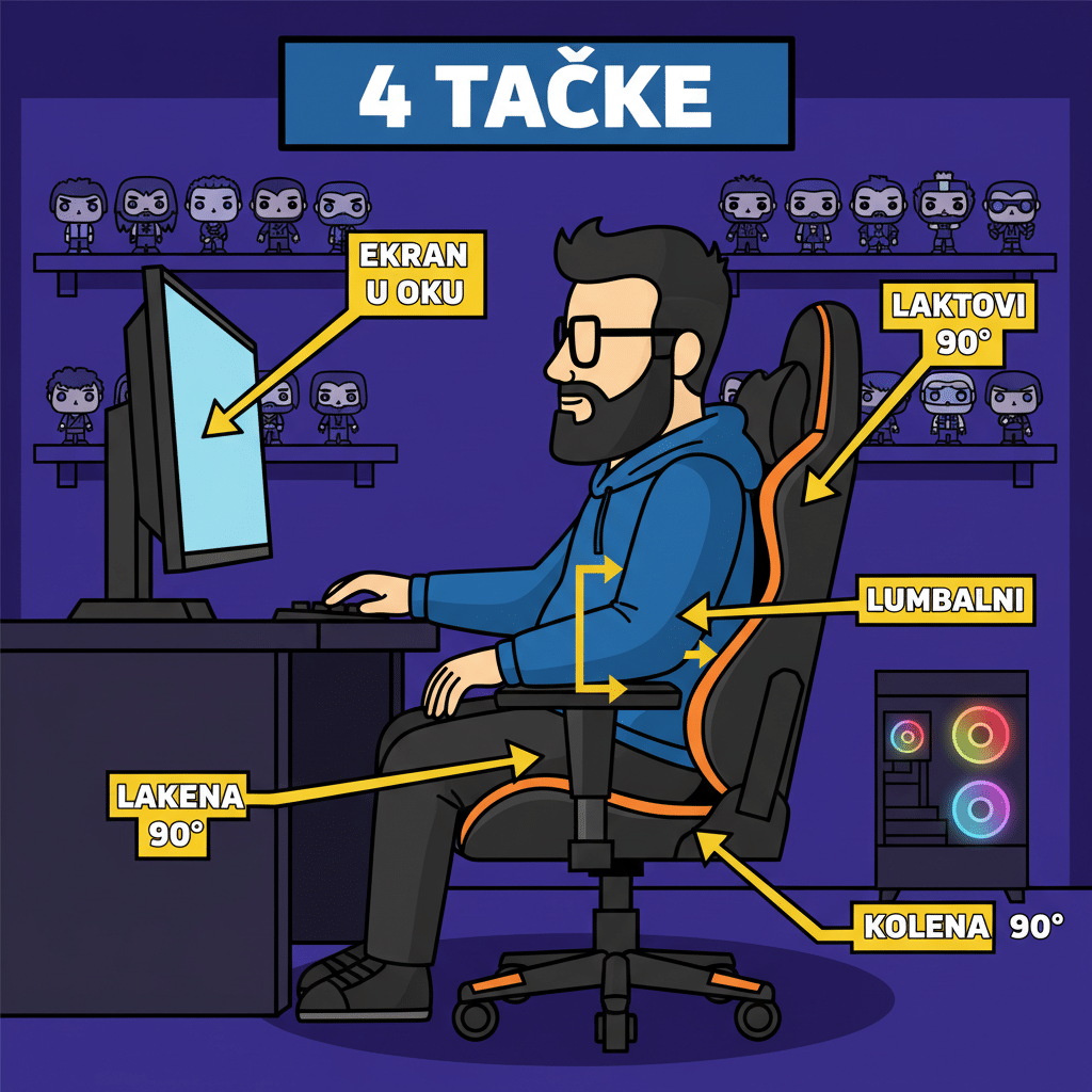 4 tačke pravilne gejming ergonomije — ekran u ravni očiju, laktovi 90°, lumbalni jastuk, kolena 90°