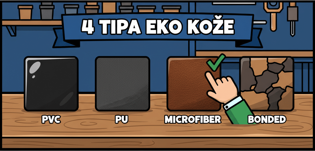 Četiri tipa eko kože — PVC, PU, Microfiber, Bonded, sa microfiber kao best pick