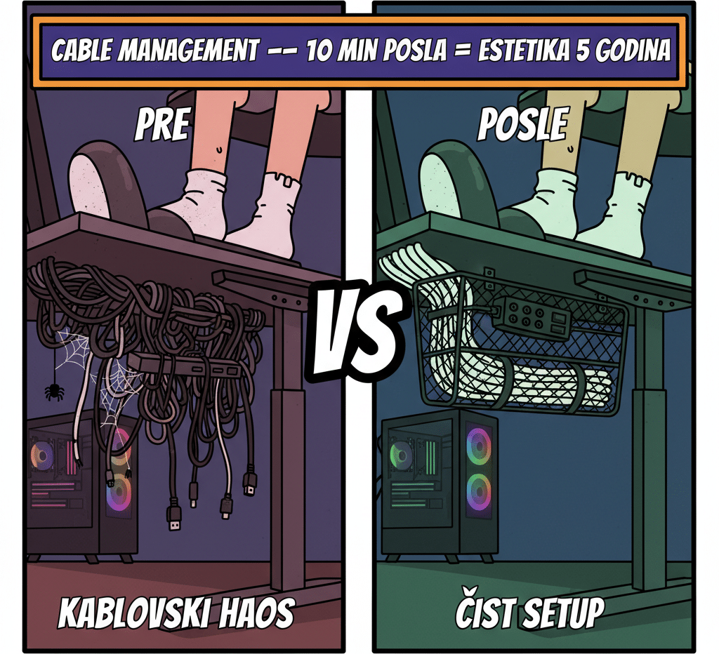 Cable management — pre (kablovski haos) vs posle (čist setup) sa cable tray ispod podesivog stola