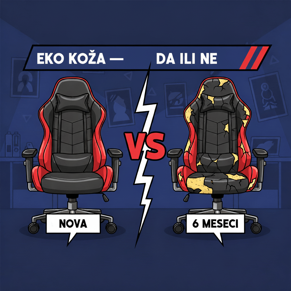 Eko koža na gaming stolici — razlika između dobre (nova) i loše (6 meseci, popucala) varijante