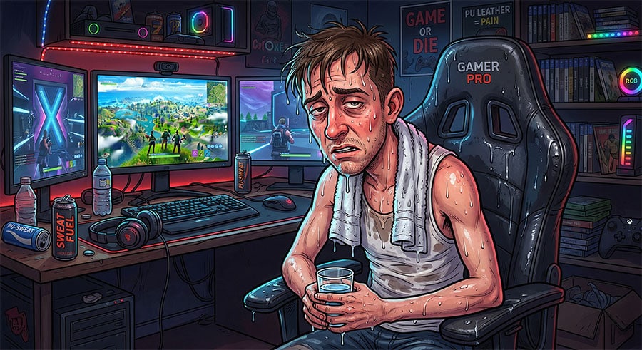 gejmer oznojen sedi u stolici od eko koze posle gejma