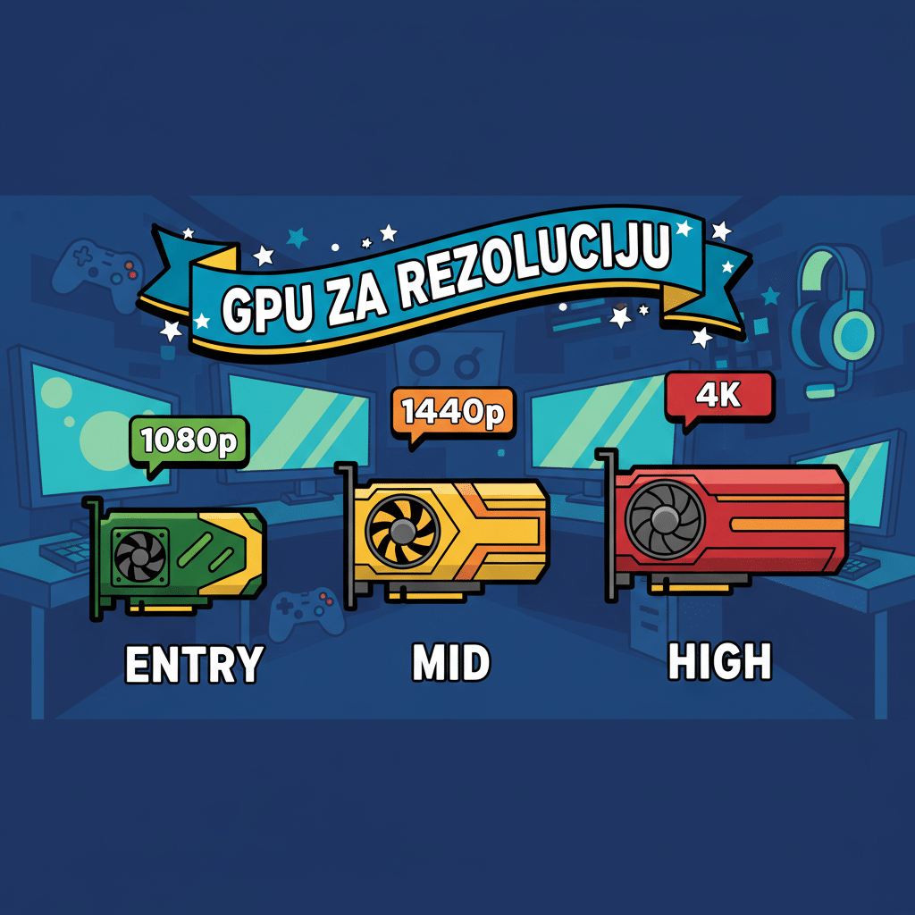 GPU zahtev po rezoluciji — entry za 1080p, mid za 1440p, high-end za 4K