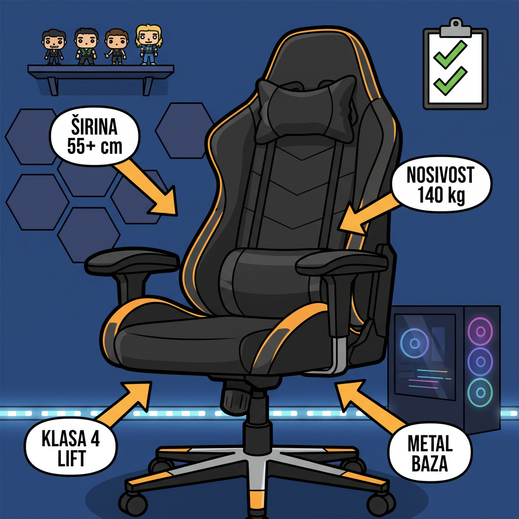 Heavy-duty gejmerska stolica — nosivost 140 kg, širina 55+ cm, klasa 4 lift, metal baza