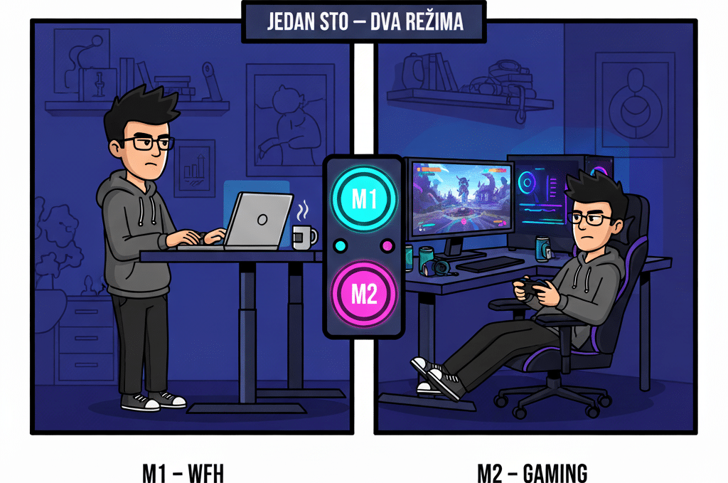 Podesivi sto za home office i gaming — M1 WFH mod, M2 gaming mod, memorija dugme