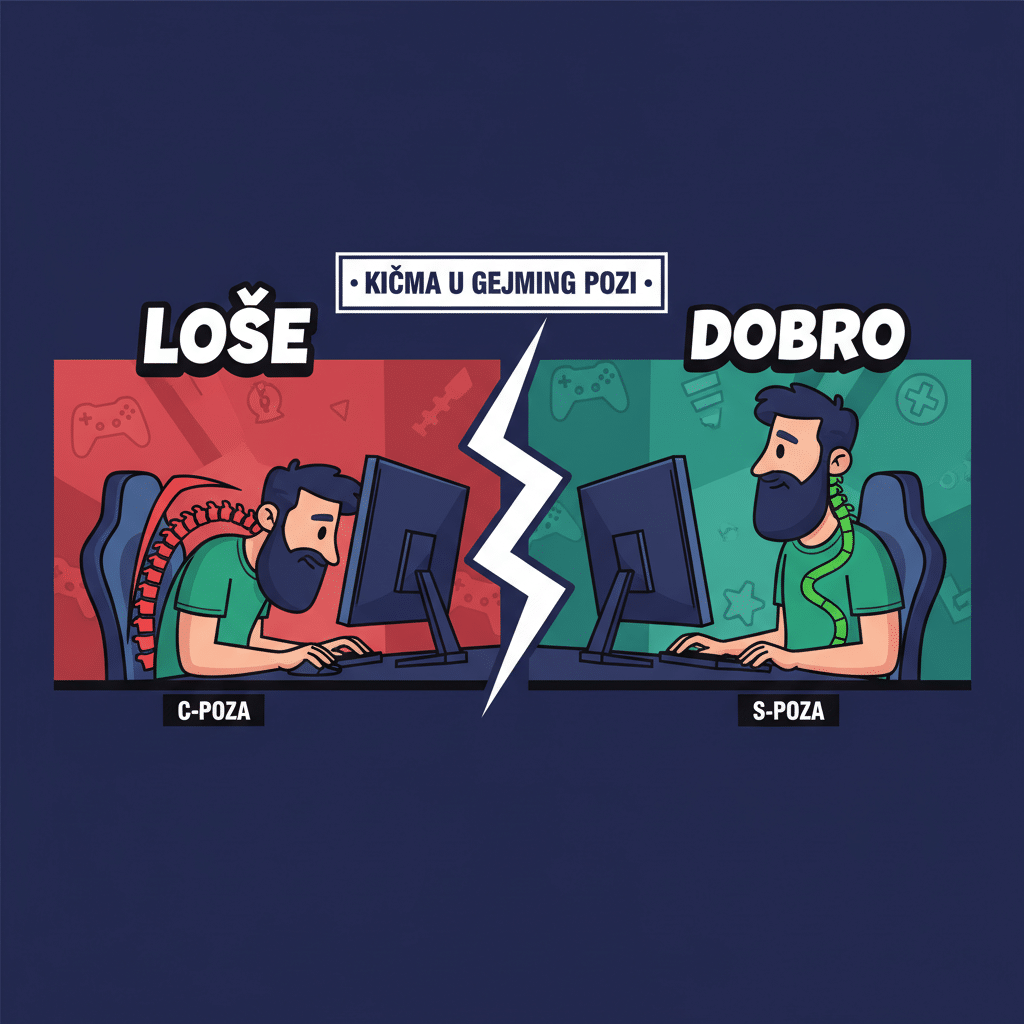 Kičma u gejming pozi — lose C-poza vs dobra S-poza, razlika između bolova i zdravlja
