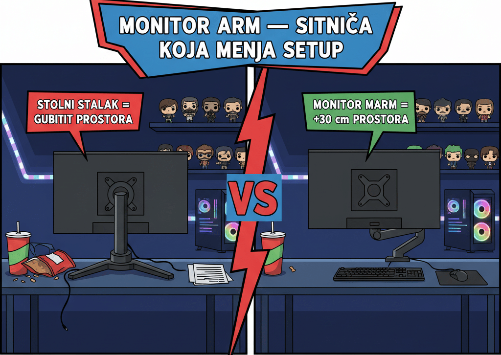 Monitor arm vs stolni stalak — oslobađa 30 cm prostora na stolu