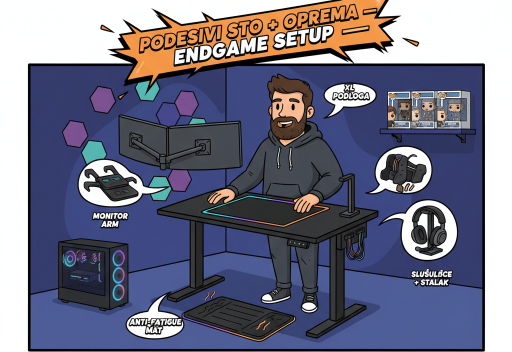 Podesivi sto + oprema — endgame setup; monitor arm, anti-fatigue mat, XL podloga, slušalice