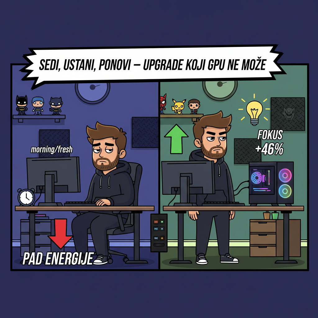 Podesivi radni sto — sedi, ustani, ponovi; upgrade koji GPU ne može da zameni