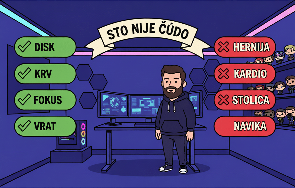 Podesivi sto — 4 stvari koje rešava (disk, cirkulacija, fokus, vrat) i 4 koje ne rešava (postojeća hernija, kardio, stolica, navike)