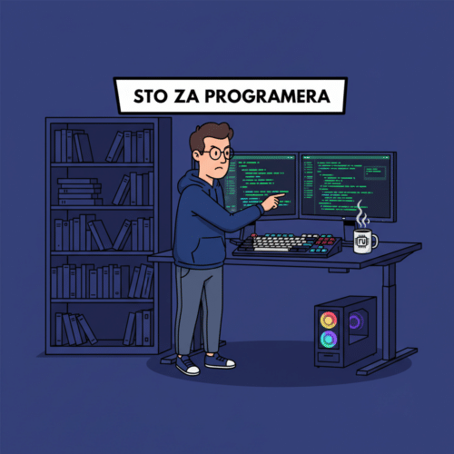 Podesivi sto za programere — dual monitor setup, mehanička tastatura, stojeći mod
