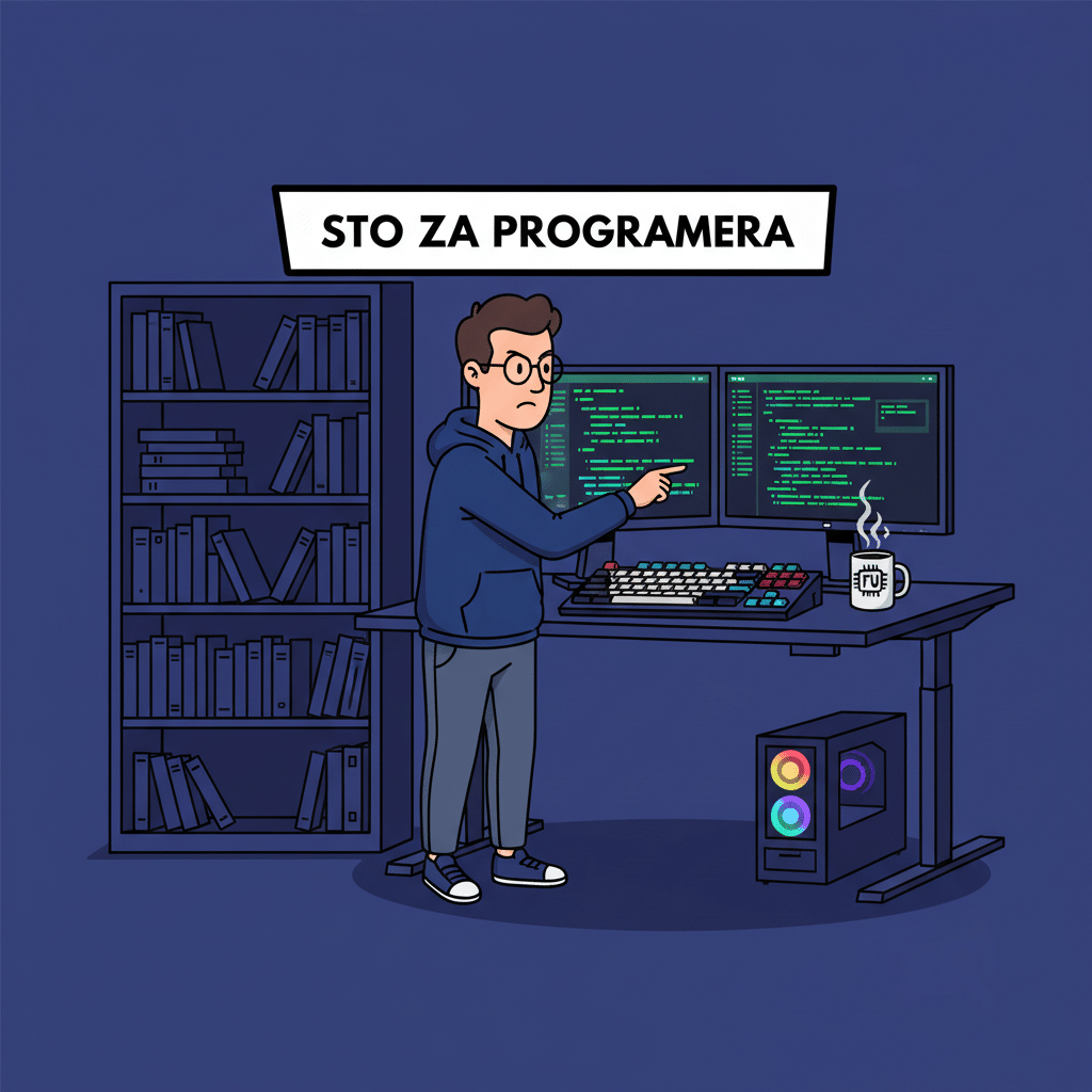 Podesivi sto za programere — dual monitor setup, mehanička tastatura, stojeći režim