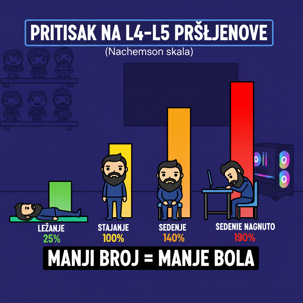 Pritisak na L4-L5 pršljenove — Nachemson skala, ležanje 25% stajanje 100% sedenje 140% sedenje nagnuto 190%