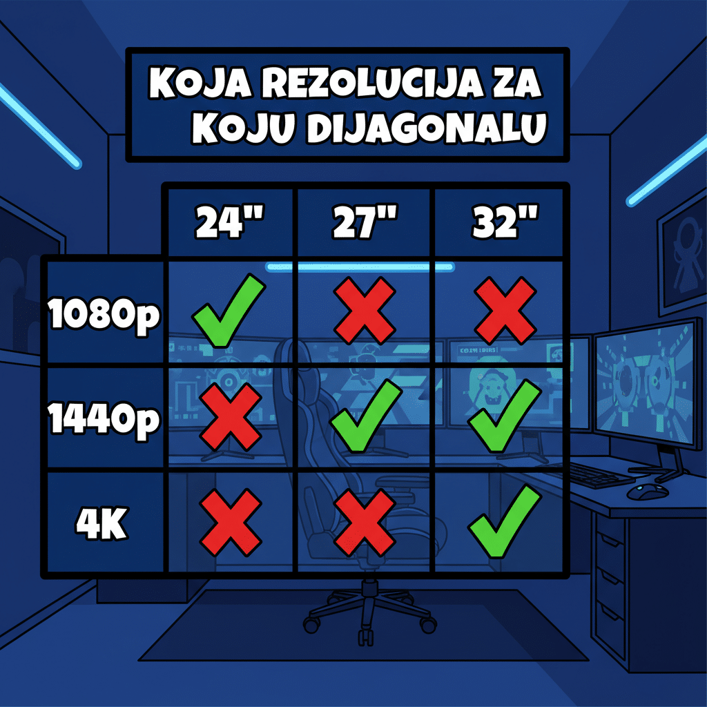 Koja rezolucija za koju dijagonalu — matrix 24/27/32 inča vs 1080p/1440p/4K