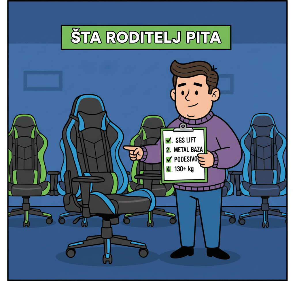 Šta roditelj pita — checklist SGS lift, metal baza, podesivo, 130+ kg nosivost