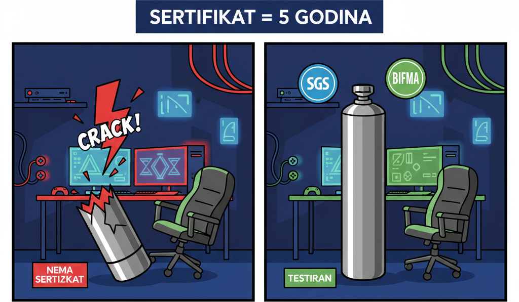 SGS i BIFMA sertifikat — razlika između testiranog lifta (5+ godina) i no-name lifta (CRACK)