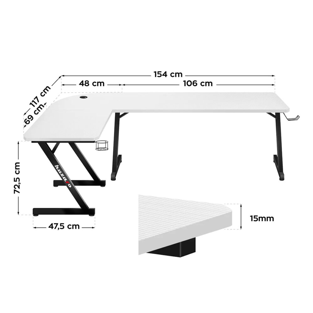 Dimenzije Huzaro Hero 7.0 White stola - 154 cm sirina, 117 cm dubina, 72,5 cm visina