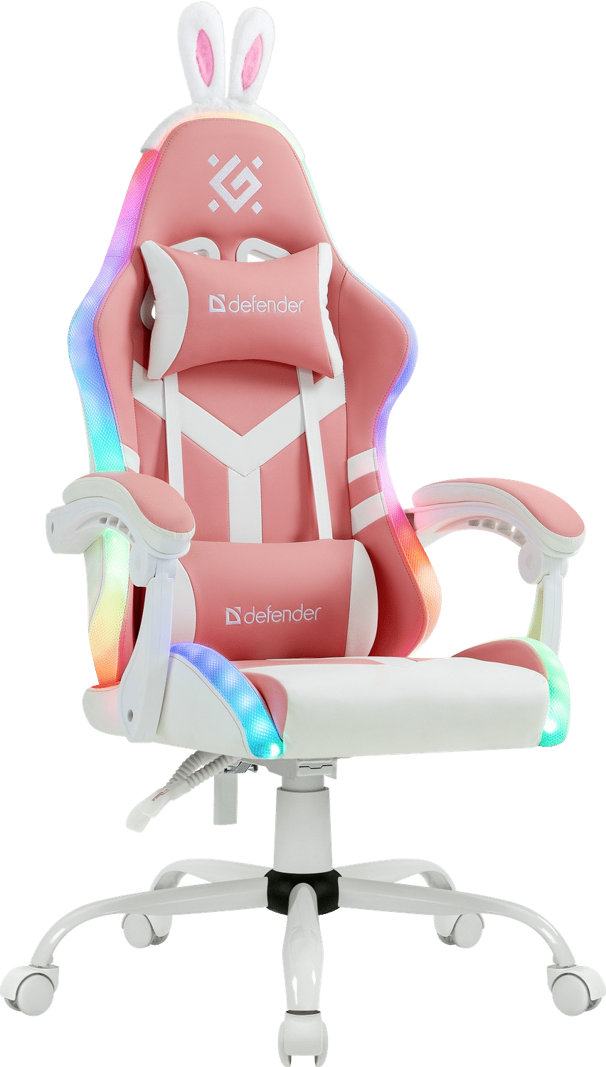 Defender Ideal belo-roze gejmerska stolica sa zeka ušima i upaljenim RGB svetlima