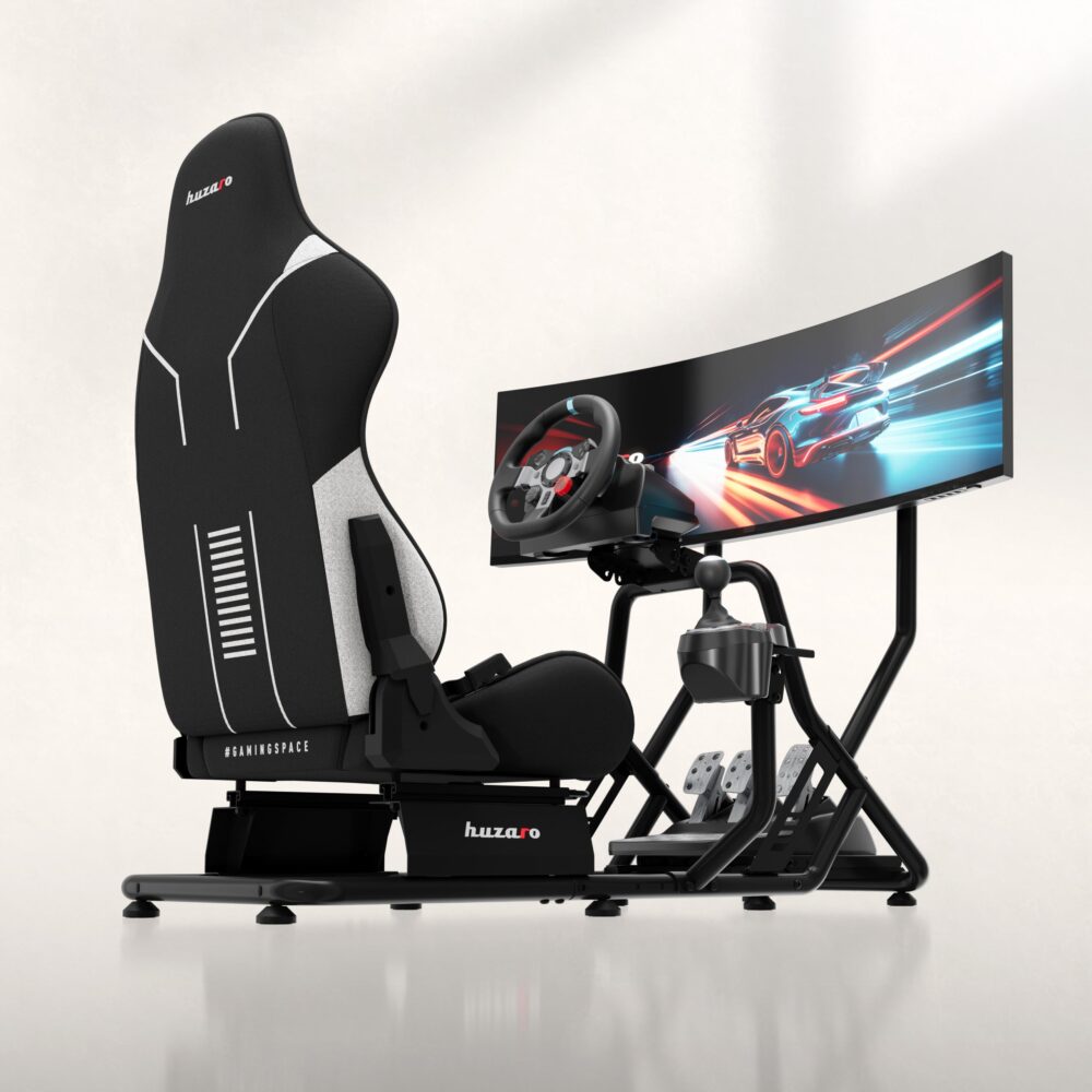 Huzaro Speed 6.0 Racing Cockpit – sivi, u sobi sa monitorom