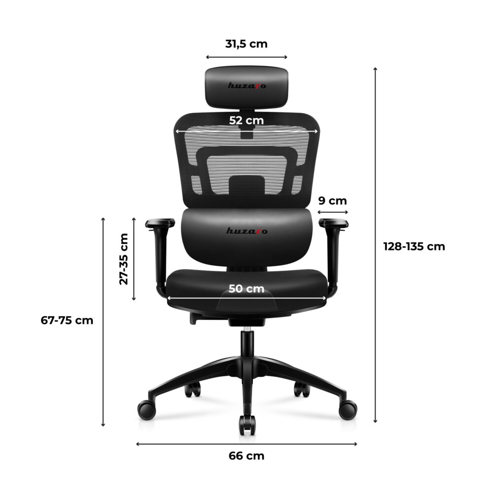 Dimenzije Huzaro Combat 7.0 crna – prednji prikaz: 52 cm naslon, 50 cm sedište, baza 66 cm, 128-135 cm