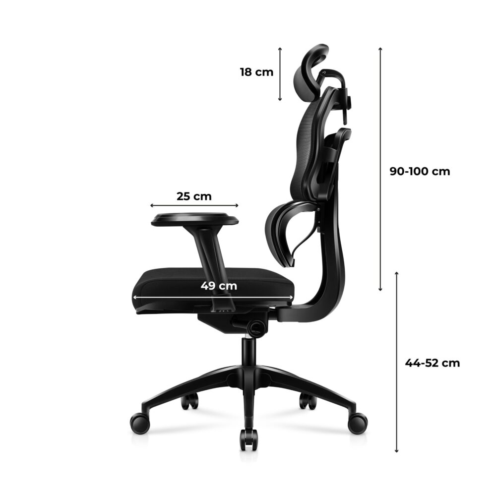 Dimenzije Huzaro Combat 7.0 crna – bočni prikaz: 18 cm, 90-100 cm, 25 cm, 49 cm, 44-52 cm