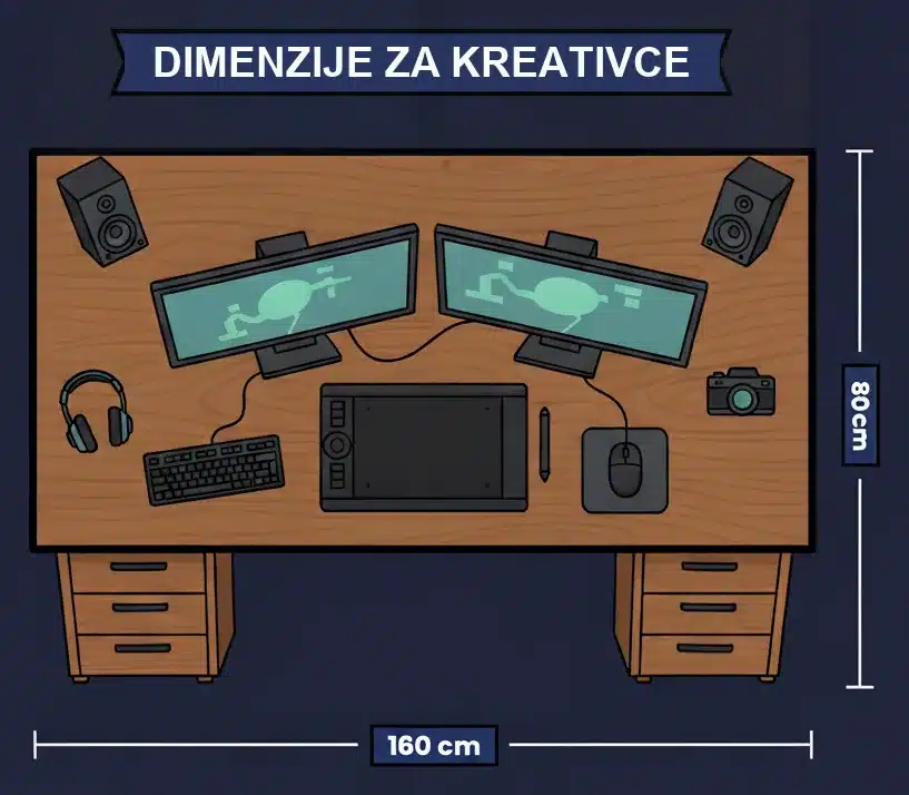 Dimenzije stola za kreativni setup 160 x 80 cm sa dual monitorom i grafičkom tablom