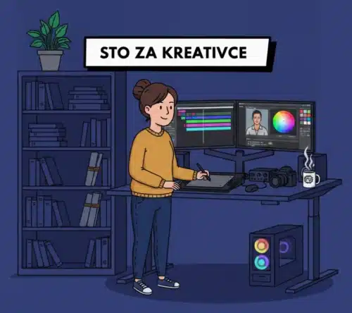 Podesivi radni sto za kreativce sa dual monitorom, grafičkom tablom i audio opremom