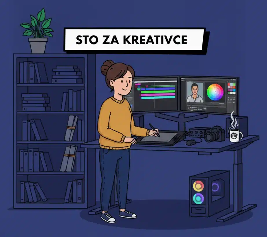 Podesivi radni sto za kreativce sa dual monitorom, grafičkom tablom i audio opremom