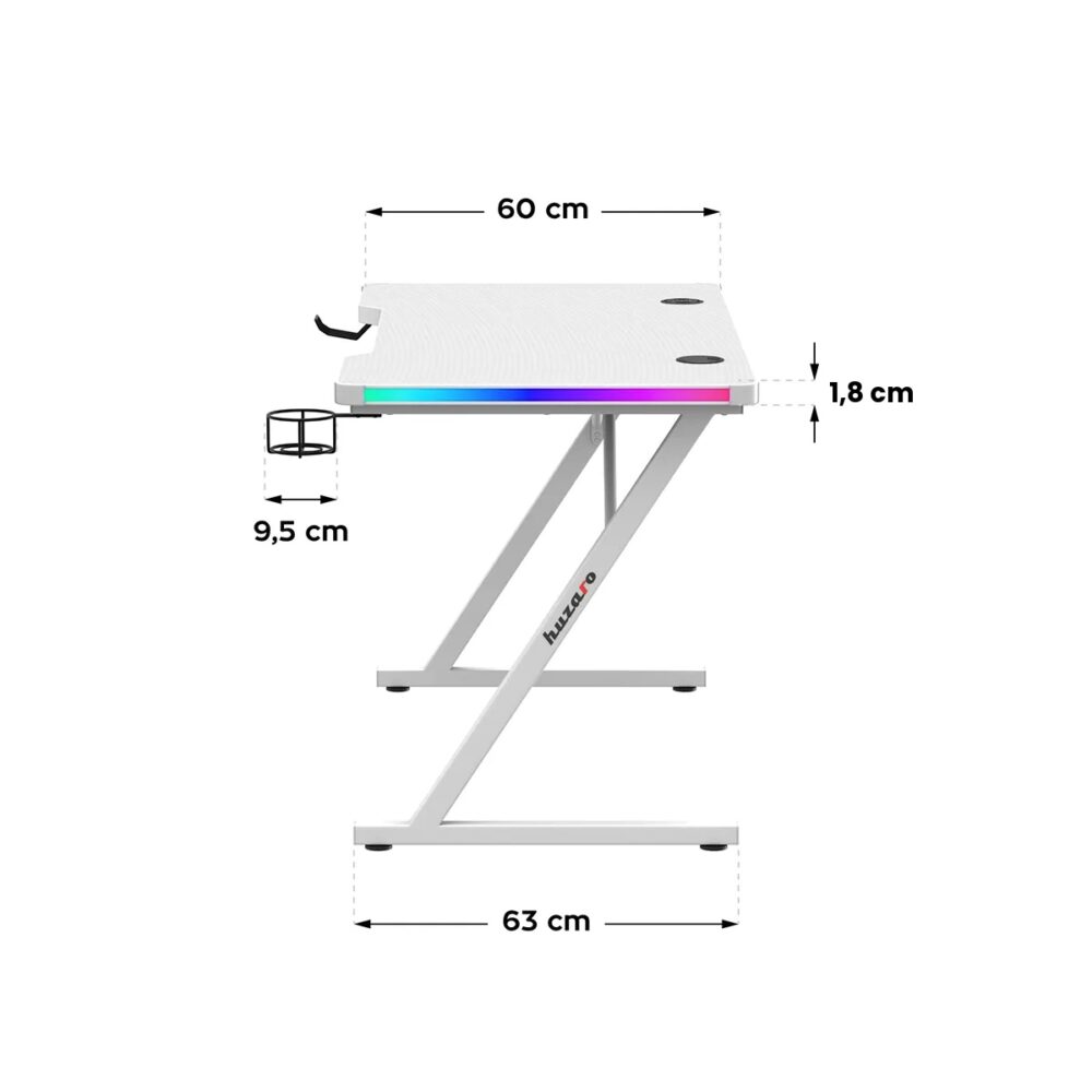 Bočne dimenzije stola Huzaro Hero 2.5 White RGB – dubina 60 cm, debljina ploče 1,8 cm