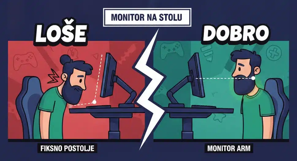 Monitor arm naspram fiksnog postolja na podesivom stolu u stojećem režimu