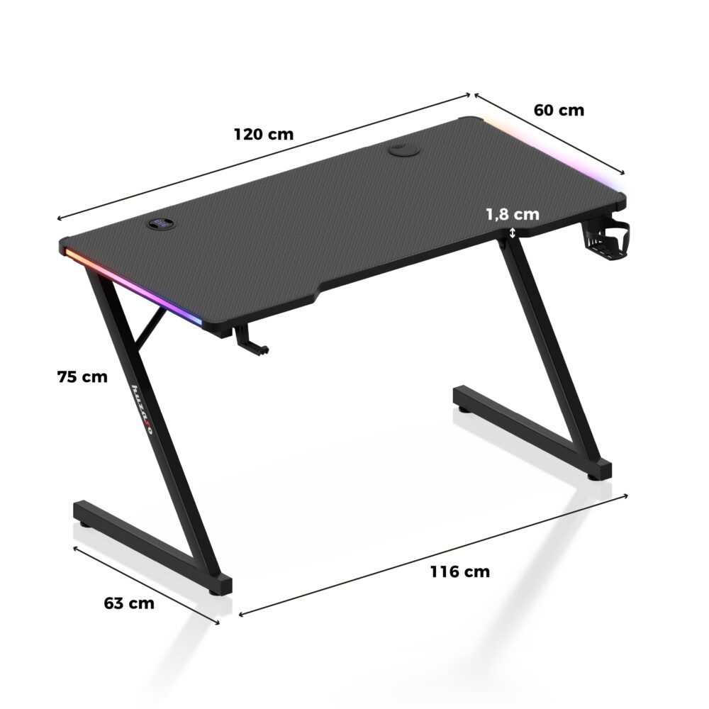 Dimenzije stola Huzaro Hero 2.5 RGB – ploča 120x60 cm, debljina 1,8 cm, visina 75 cm