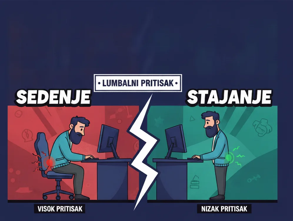 Lumbalni pritisak pri sedenju naspram stajanja za podesivim radnim stolom