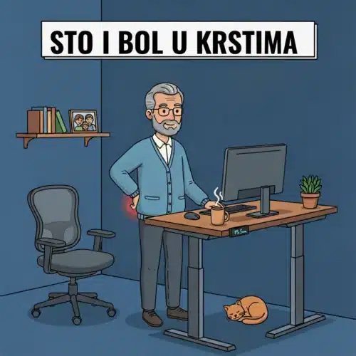 Stariji korisnik za podesivim radnim stolom u stojećem režimu zbog bola u krstima