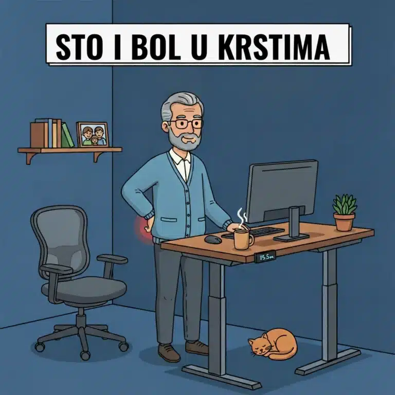 Stariji korisnik za podesivim radnim stolom u stojećem režimu zbog bola u krstima